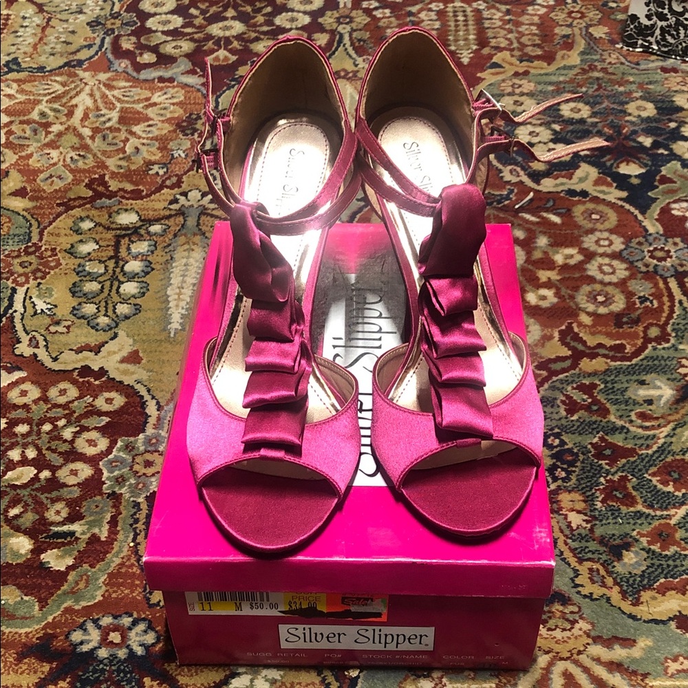 Silver Slipper Fuchsia Satin Heels